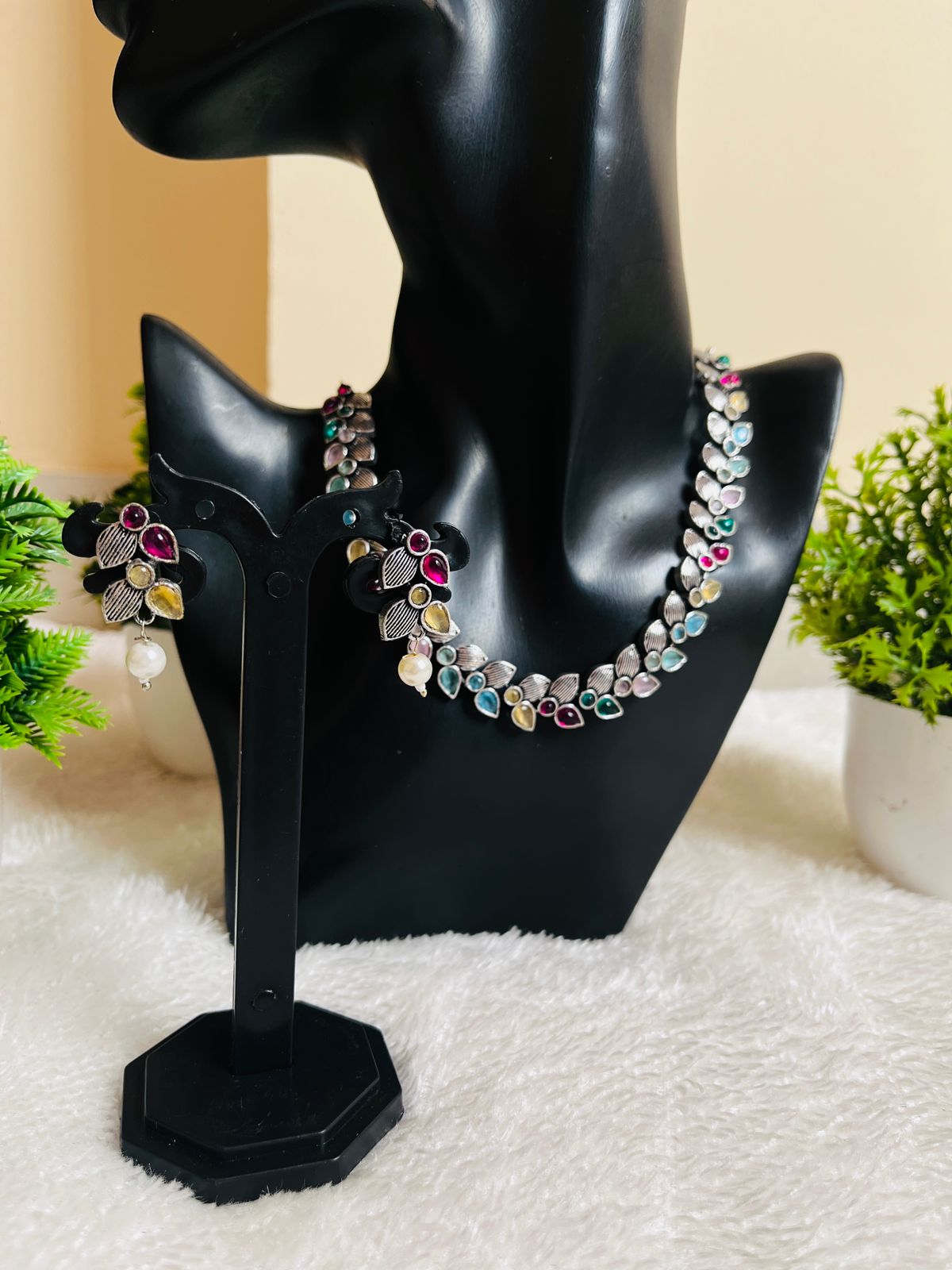 Artificial Multicolor Stones Silver Necklace With Earring