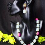Statement Beads Mala With Earring ( Mint and Pink )