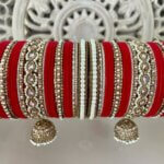Red Velvet Bangles Stack With Pearl Kundan Jhumki